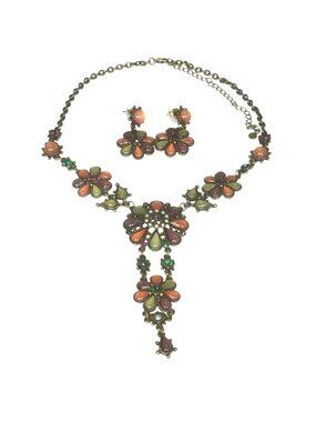 Floral Lariat Necklace & Earrings Set Purple Orange Green Signed RA
